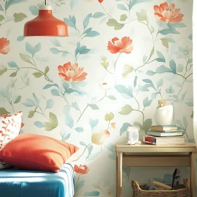 Room with Floral Wallpaper and Bed