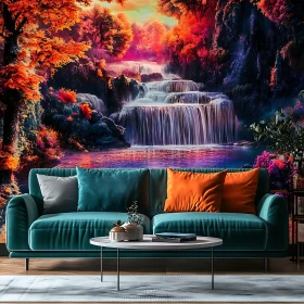 Autumnal Waterfall Backdrop in Modern Interior