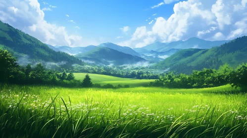 Lush Green Field with Mountain View
