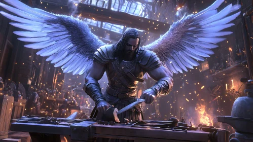 Angel Forging Sword in Workshop