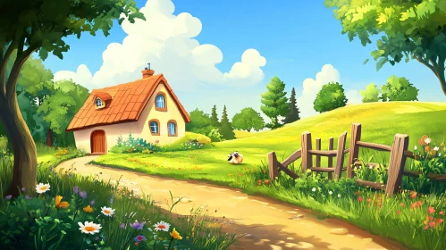 Whimsical House Landscape with Blue Sky