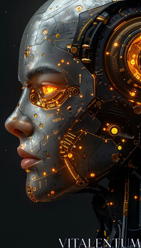 High-Tech Female Cyborg with Glowing Orange Lights AI Image