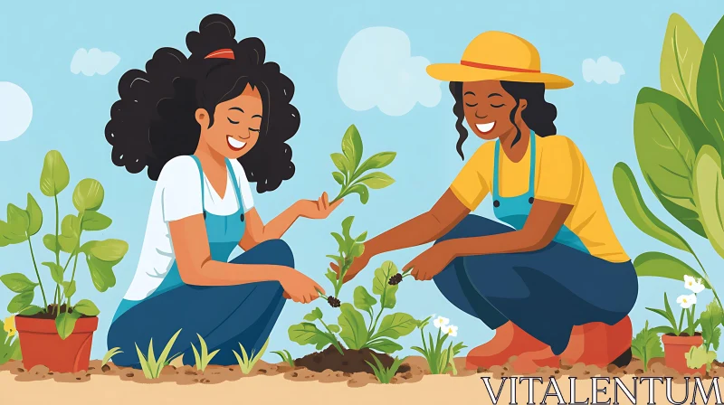 Two women gardening together AI Image