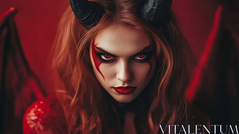 AI ART Devil Woman Portrait with Horns and Red Eyes