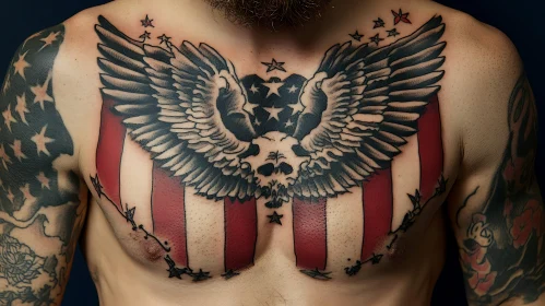 Patriotic Chest Tattoo with Eagle and Skull