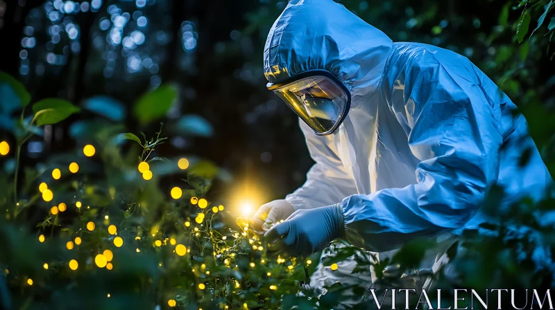 Person Studying Fireflies at Night AI Image