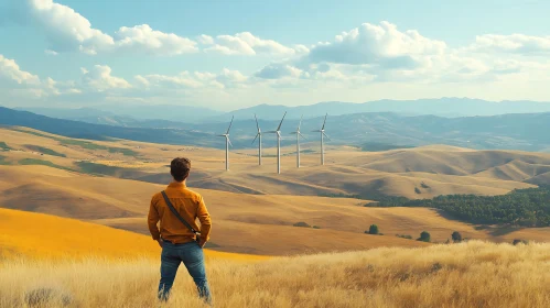 Man and Wind Turbines in Field