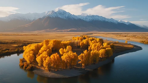 Golden Autumn Trees by a Serene River with Snow-Capped Mountain Background