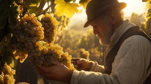 Man Harvesting Grapes in Vineyard