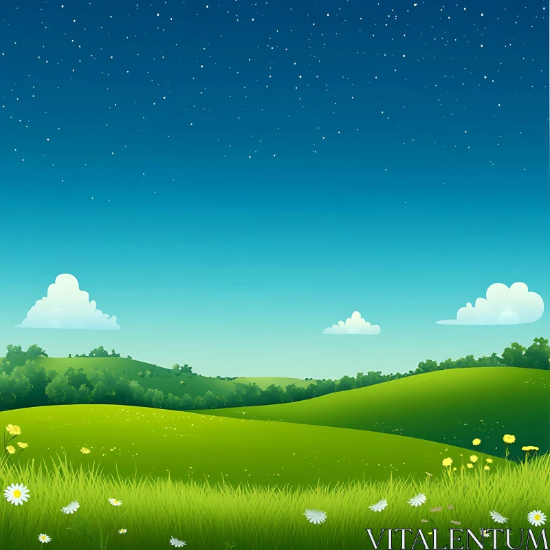 AI ART Green Hills and Starry Night