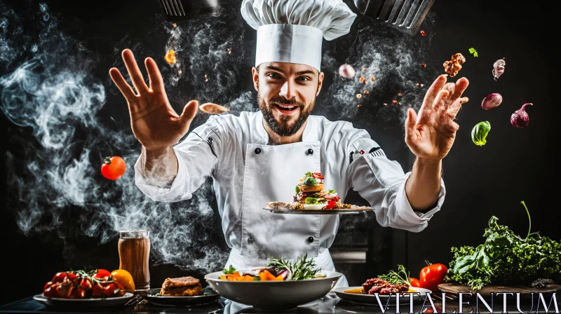 Artistic Culinary Scene with Chef and Floating Ingredients AI Image