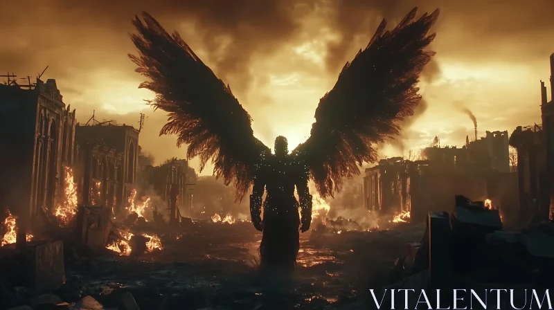 Winged Figure in Burning City Ruins AI Image