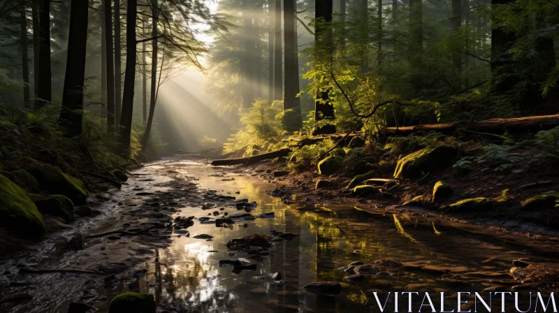 Atmospheric Backlit Forest Stream - A Captivating Visual Journey AI Image