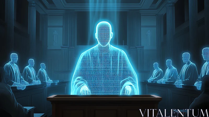 AI ART Holographic Judge in Courtroom Setting