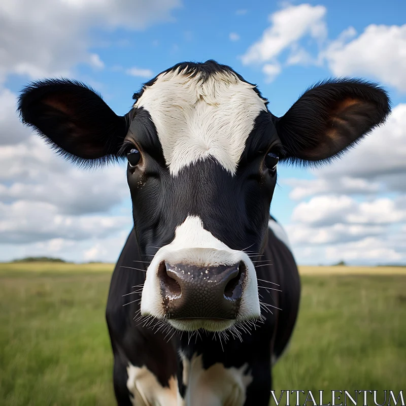 Black and White Cow in Green Field AI Image