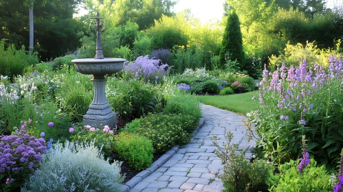 Floral Garden with Fountain and Pathway