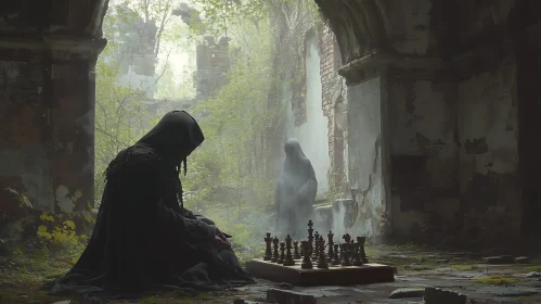 Ethereal Chess Match in Abandoned Ruins