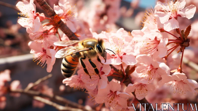 Bee Amidst Cherry Blossoms - A Study in Light Orange and Light Magenta AI Image