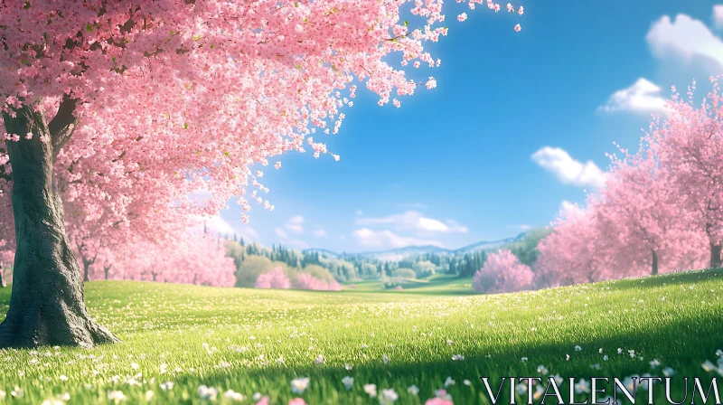 Blossoming Cherry Trees on Green Field AI Image