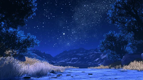 Starry Night Over Tranquil River and Lush Foliage