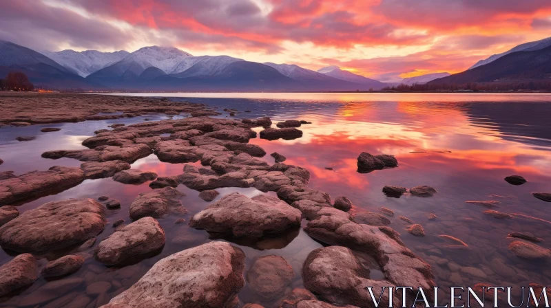 Captivating Sunrise Over Rocky Shoreline and Mountains AI Image
