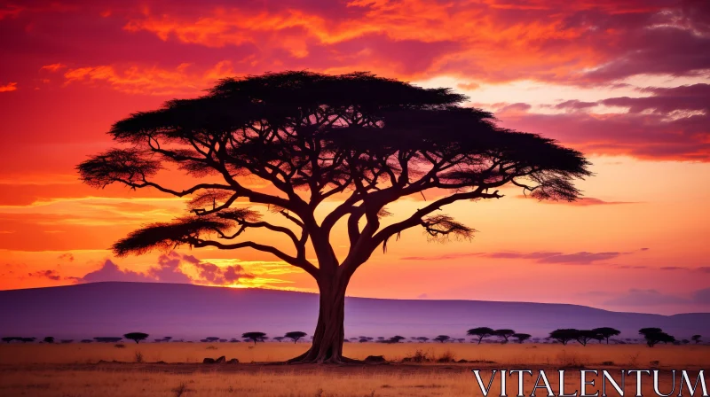 Captivating Sunset Image: Tree in African Savannah - Spectacular Backdrops AI Image