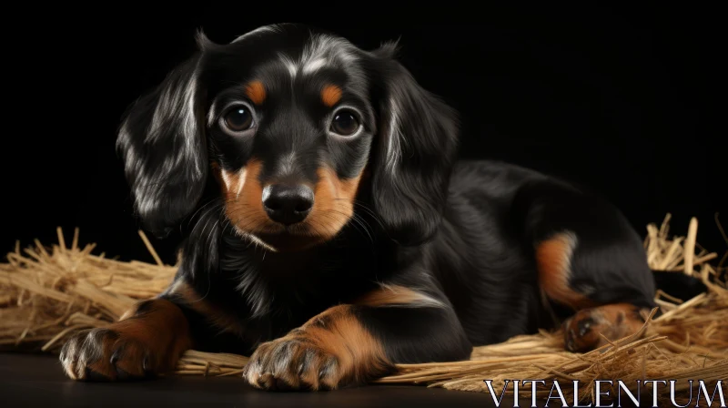 Chiaroscuro Style Dachshund Puppy on Straw Background AI Image