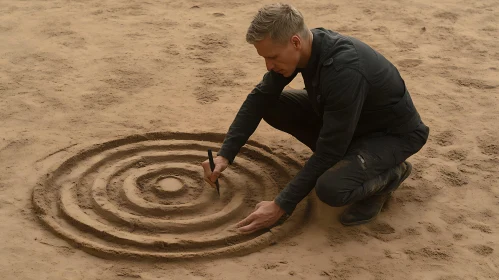 Man Designing Concentric Circles in Sand