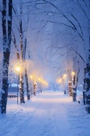 Snowy Trees and Warm Streetlights