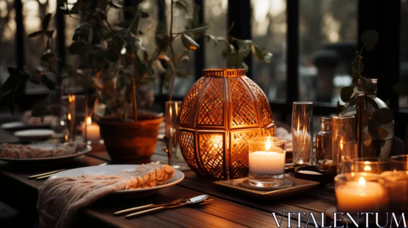 Exotic Outdoor Candlelit Dinner Setting in Earth Tones AI Image