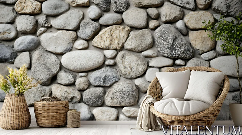 Rustic Stone Wall with Wicker Accents AI Image