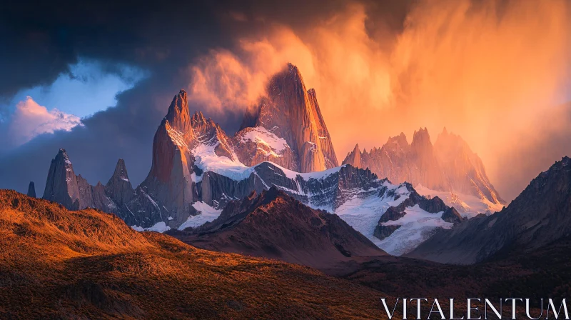 AI ART Fiery Sky Over Majestic Mountain Peaks