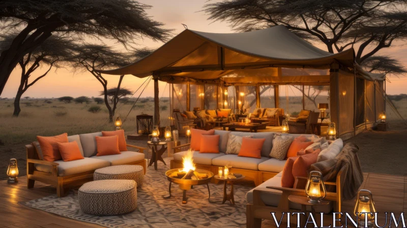 Serene Glamping Camp in Africa | Campfire at Dusk AI Image