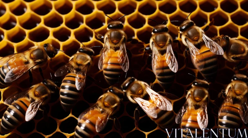 Sharp Focus Bees on Striated Honeycomb: A Study in Brown and Yellow AI Image