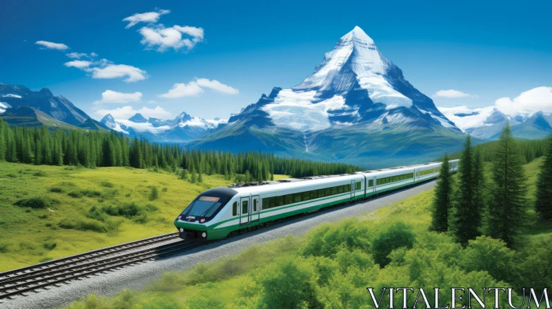 Sleek Train on Tracks: Mountainous Vistas and Realistic Rendering AI Image