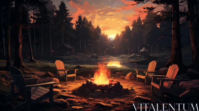 Tranquil Evening Campfire Scene in Forest AI Image