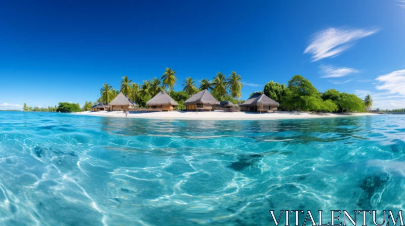 Underwater Exotic Landscape with Thatched Huts and Beach Panorama AI Image