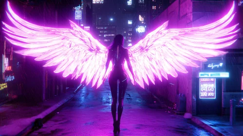 Winged Figure in Neon Cityscape