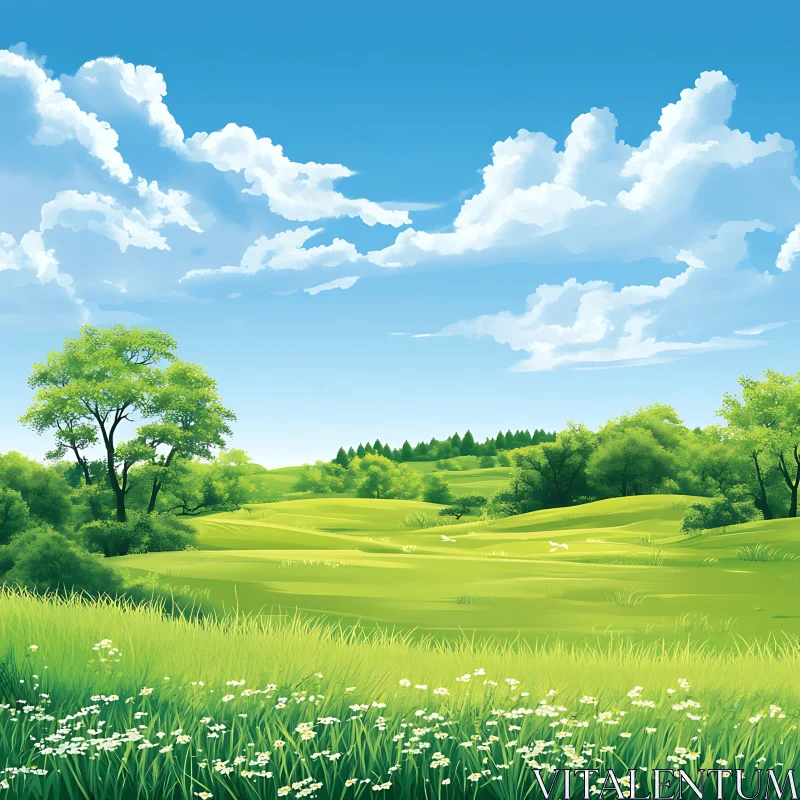 AI ART Scenic Green Field Under Blue Sky