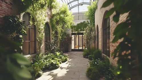 Brick Walls and Plants in Courtyard