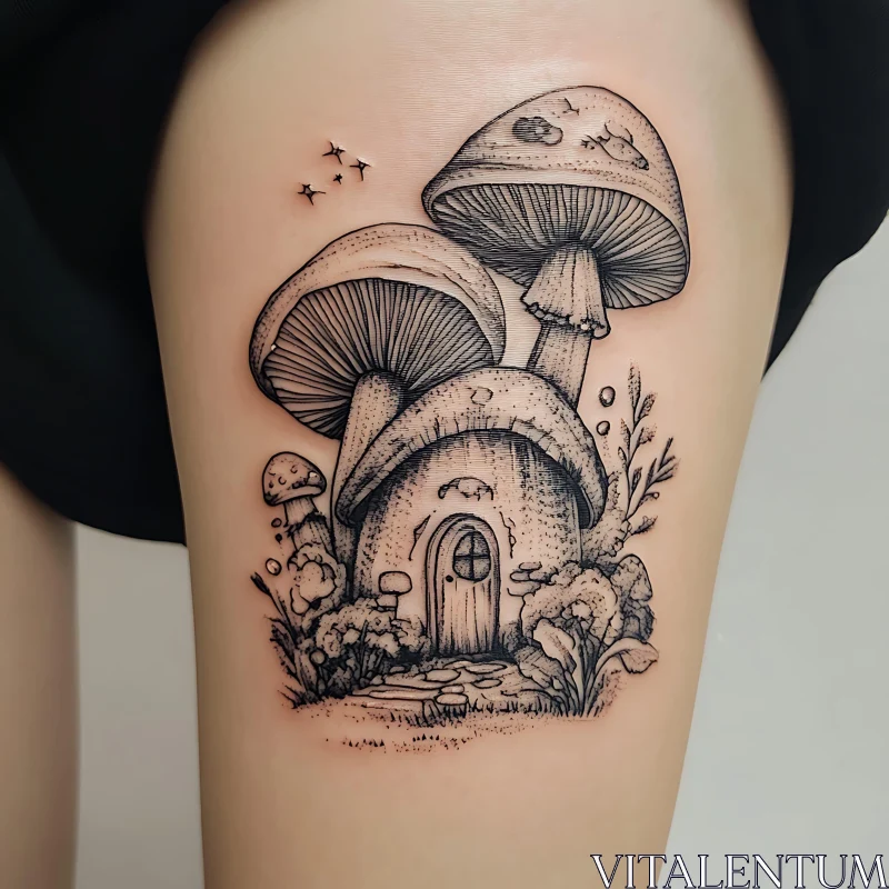 Whimsical Mushroom House Tattoo with Forest Elements AI Image