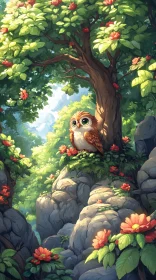 Owl in Lush Woodland