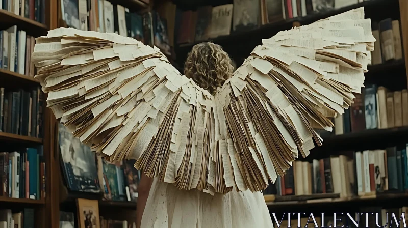 AI ART Angel in Library with Book Page Wings