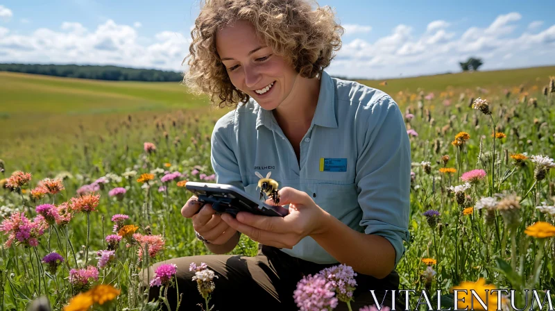 Bee on Phone in Meadow AI Image