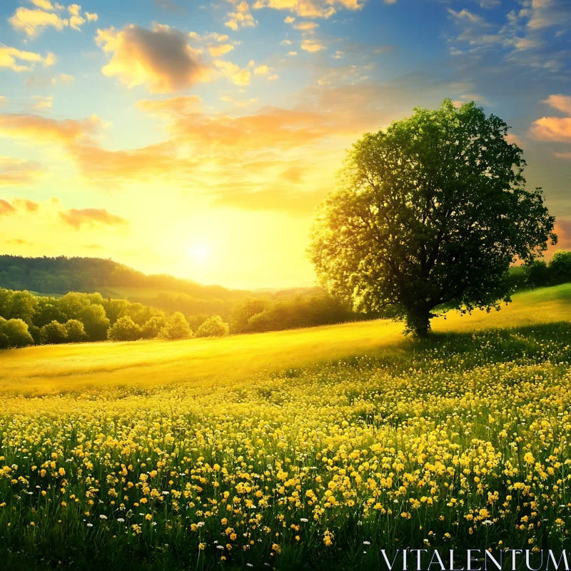 AI ART Sunset Over Flower Field With Tree