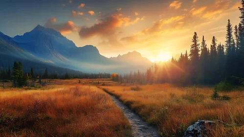 Golden Field Mountain Sunset Scenery