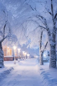 Snowy Trees and Streetlights in Winter