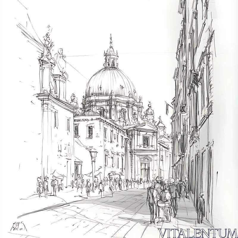 AI ART Sketch of Historical Building with Dome and Urban Street