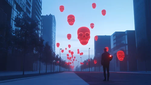 Surreal Urban Scene with Red Skull