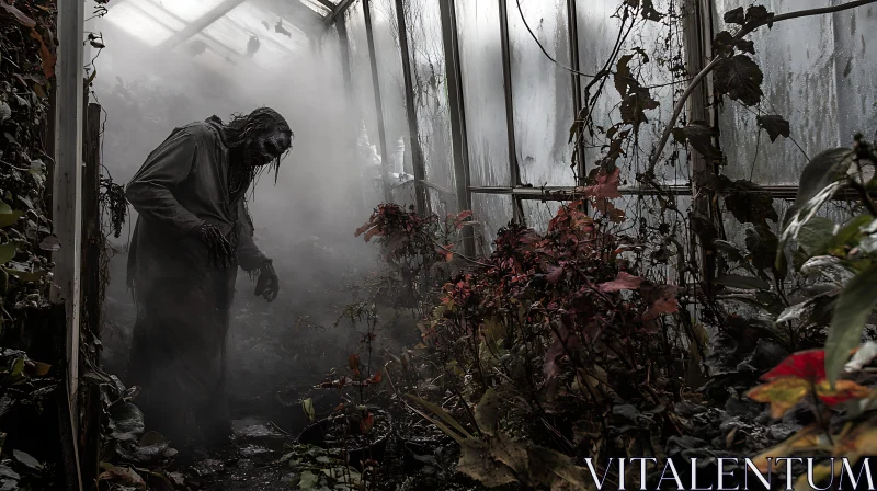 Foggy Greenhouse Zombie Encounter AI Image